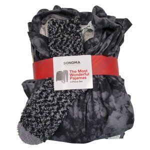 Sonoma Womens 3-Piece Pajama Set M Sleepwear Knit & Fleece Dark Gray Tie-Dye